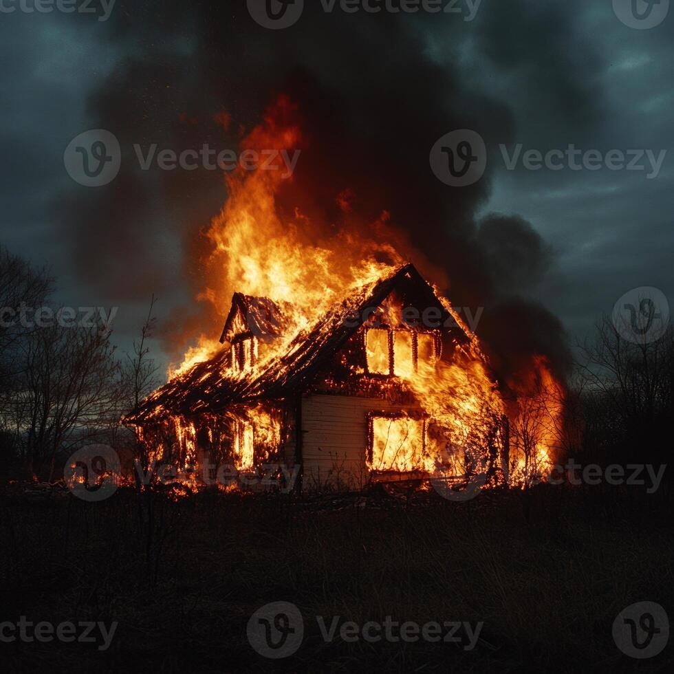 A rural home on fire, flames rising high into the air photo