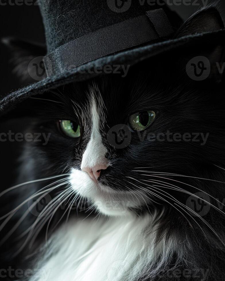 A fluffy black and white cat with deep green eyes, wearing a neat witch's hat photo