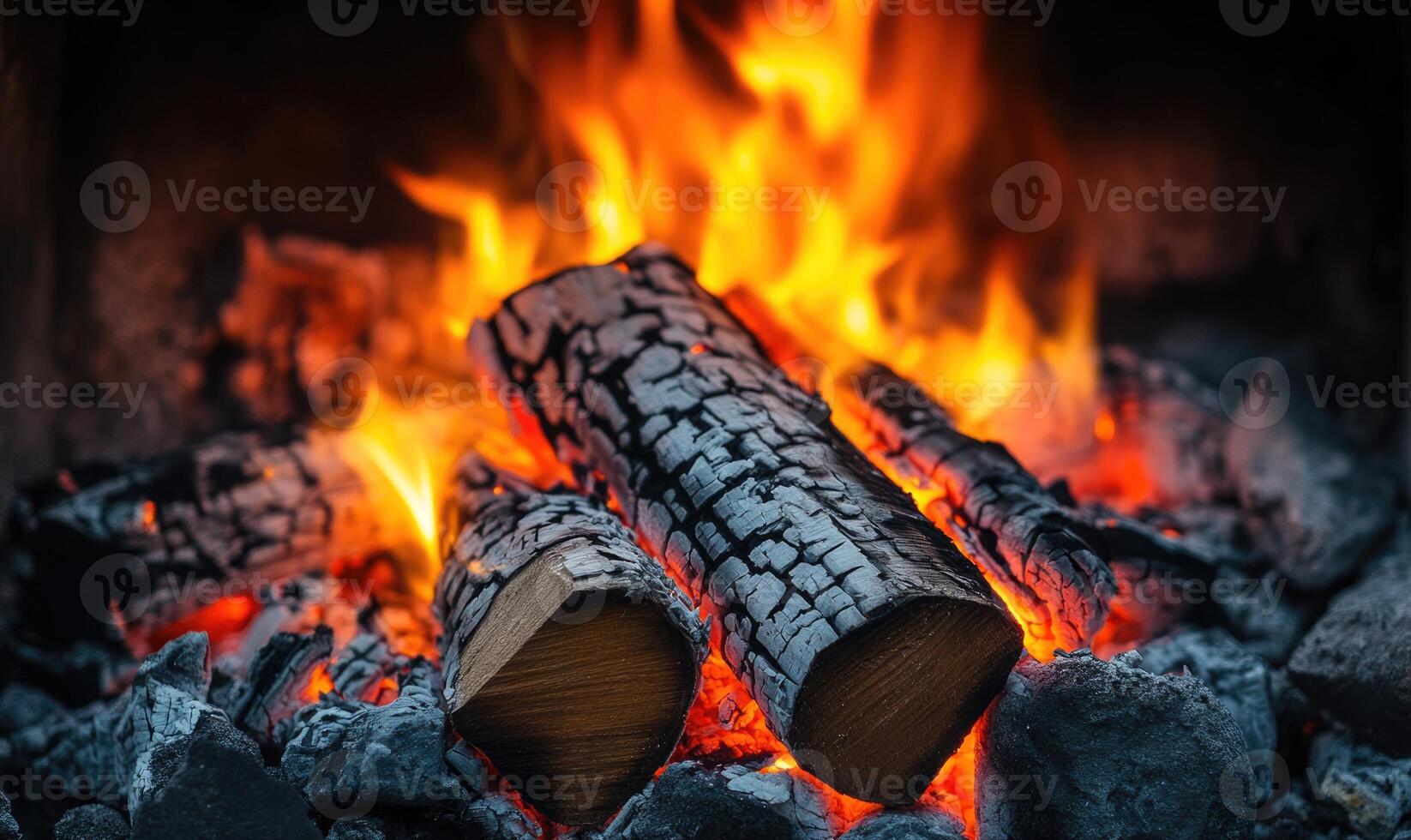 A single burning log resting in a stone fireplace photo