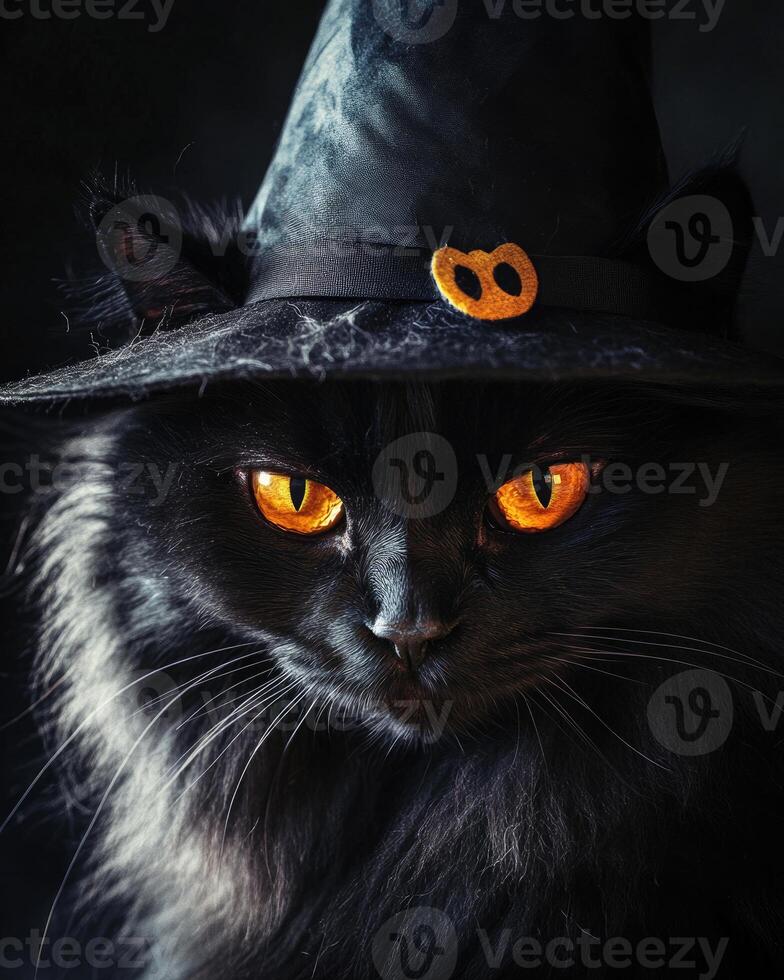 A large fluffy black cat with glowing amber eyes, wearing a tall witch's hat photo