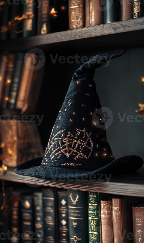 A midnight black wizard hat, embroidered with runes, placed on a bookshelf photo