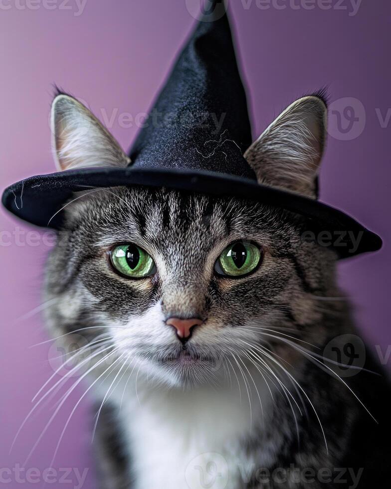 A fluffy grey and white cat, bright green eyes, wearing a small pointed witch hat photo