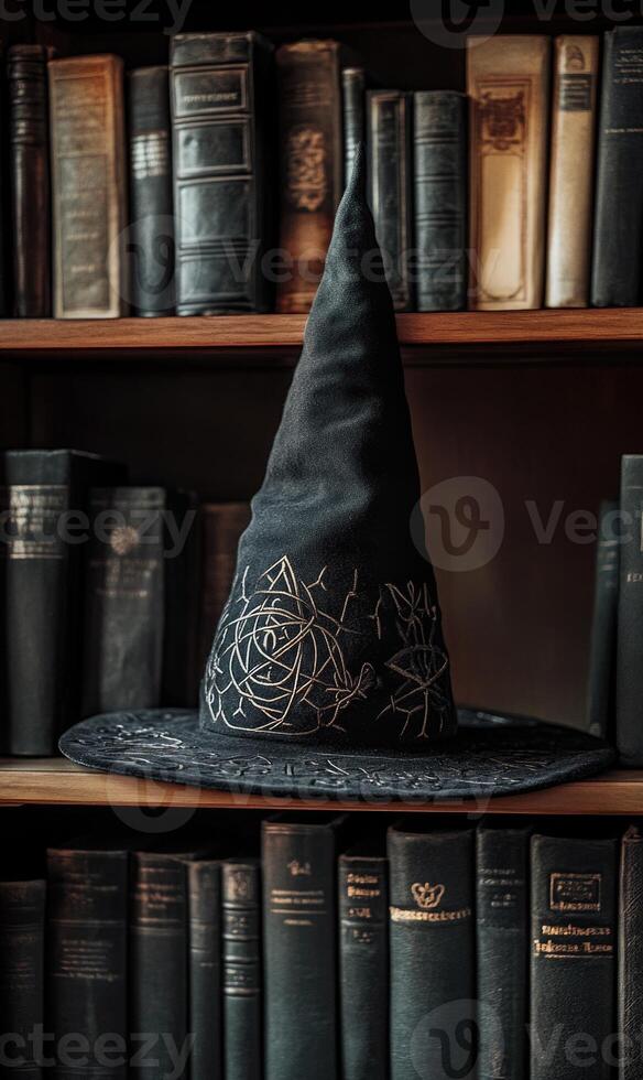 A midnight black wizard hat, embroidered with runes, placed on a bookshelf photo