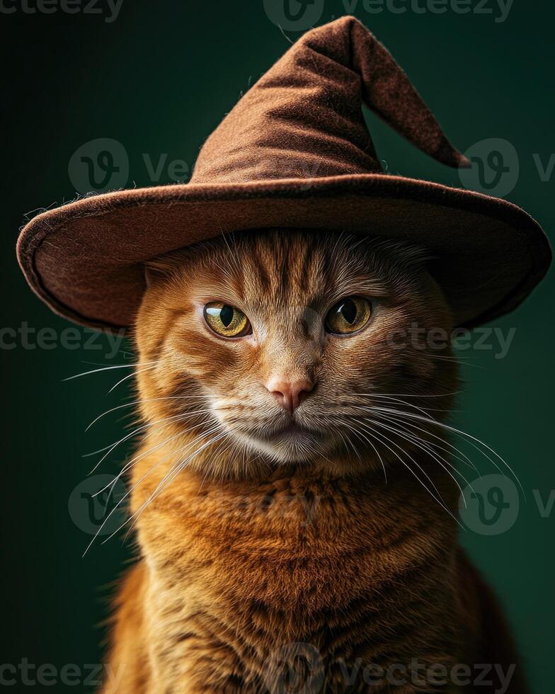 A ginger cat with playful eyes, wearing a wide-brimmed witch's hat photo