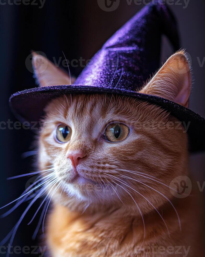 A ginger cat with soft fur, wearing a tilted witch hat photo