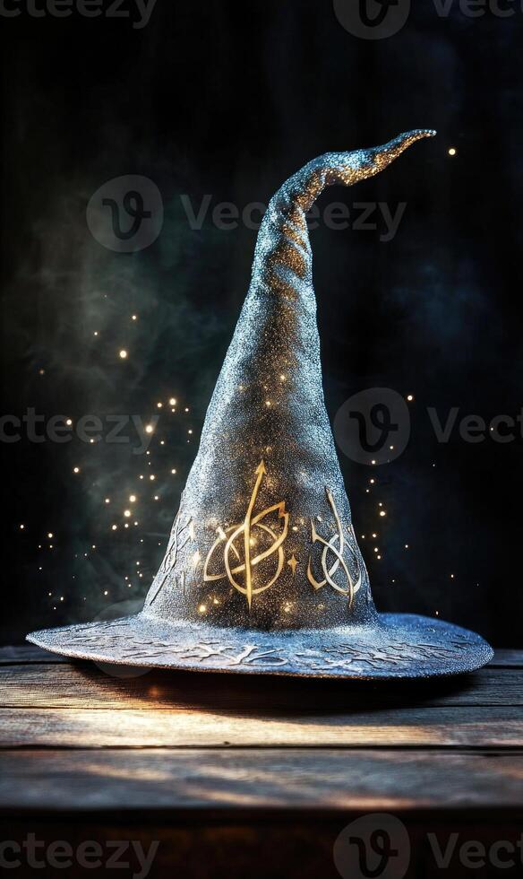 A silver and white wizard hat, shimmering runes on the brim photo