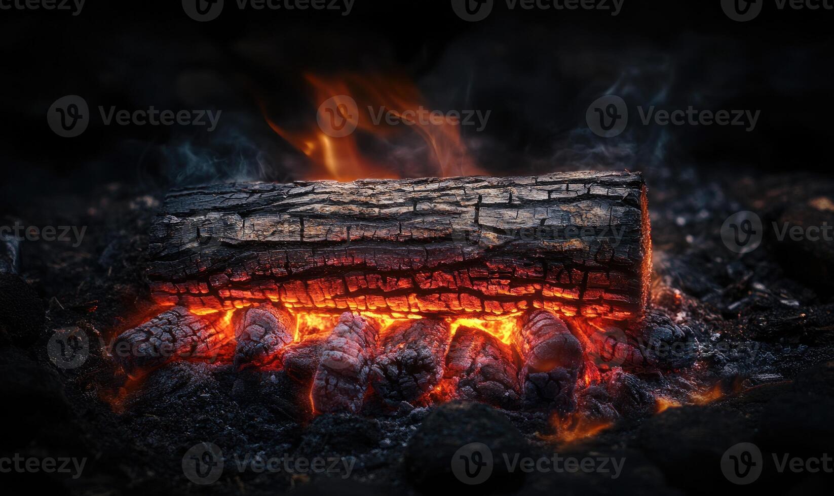 A single burning log surrounded by embers photo