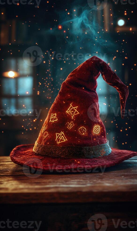 A deep red wizard hat, adorned with glowing runes photo
