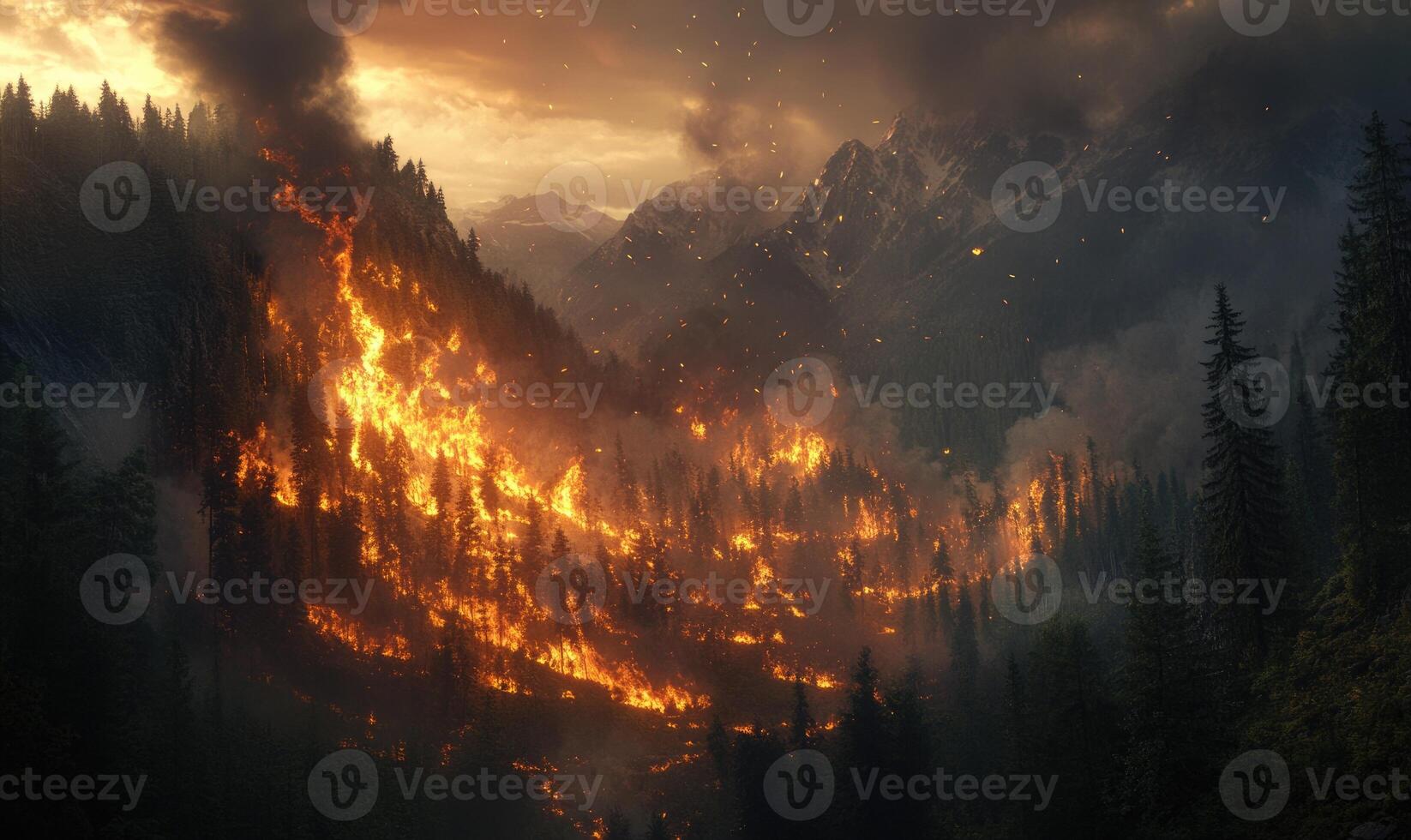 A forest fire sweeping through a dry landscape, flames consuming the trees and vegetation photo