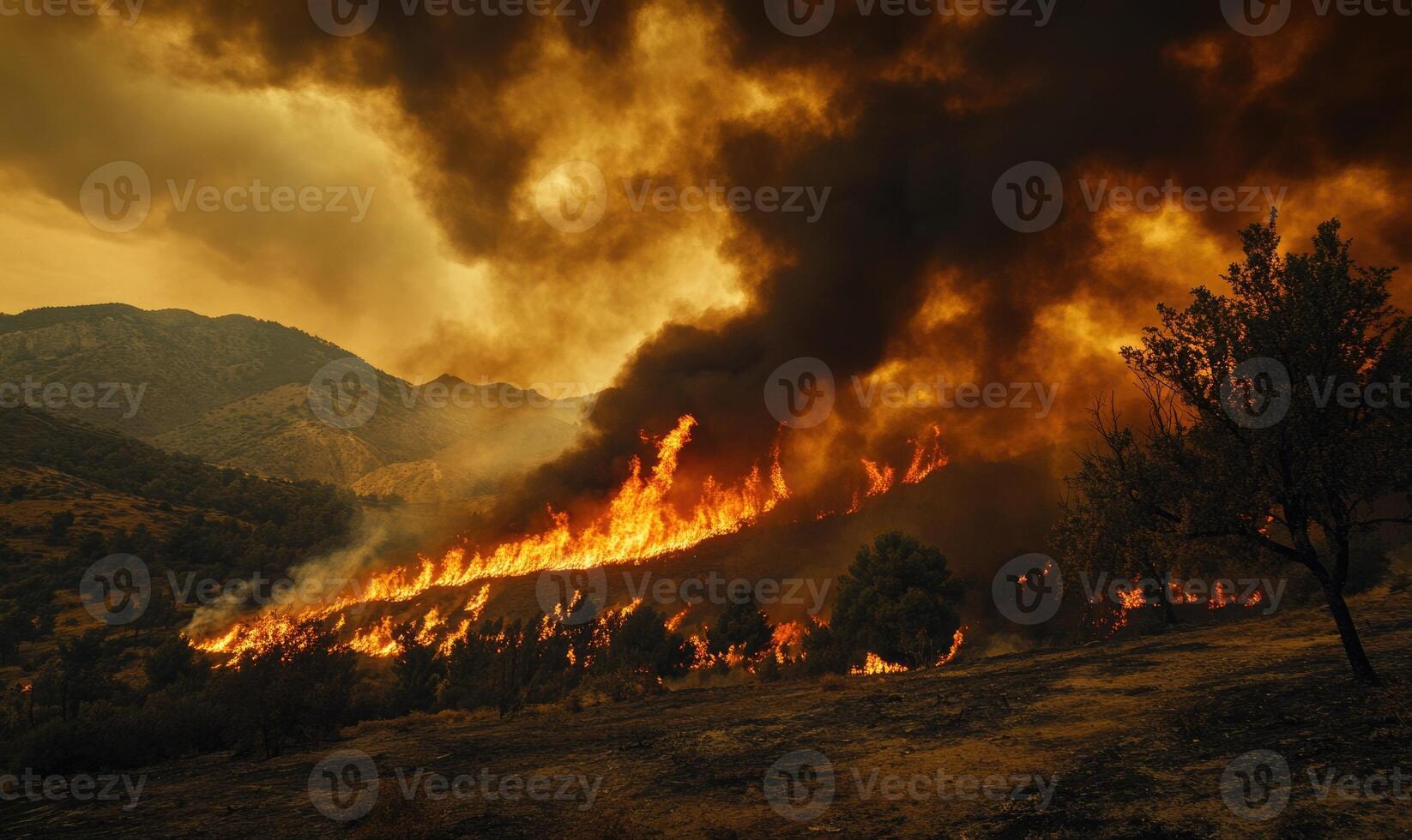 A forest fire blazing through a mountainous region, flames spreading rapidly across the dry landscape photo