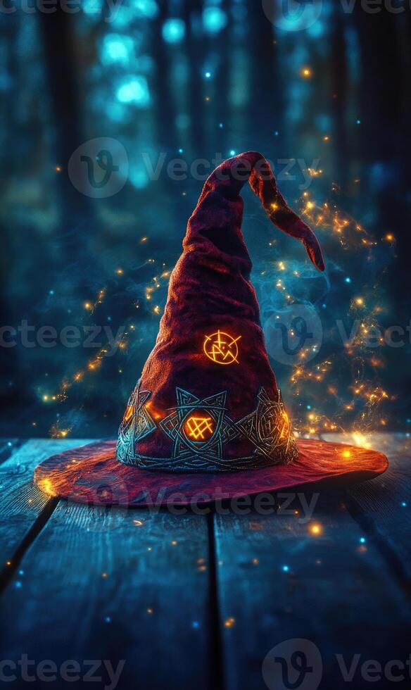 A deep red wizard hat, adorned with glowing runes photo