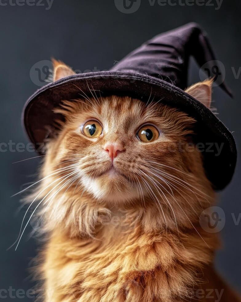 A ginger cat with soft fur, wearing a tilted witch hat photo