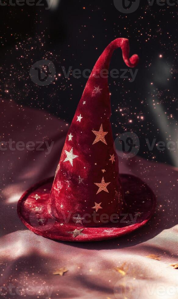 A deep red wizard hat, adorned with stars and moons photo