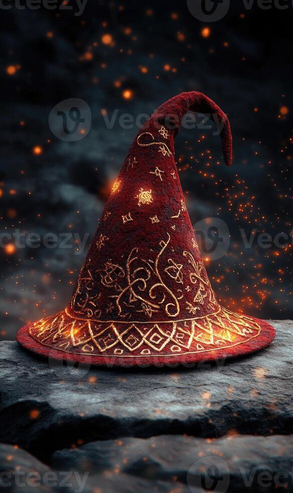 A red wizard hat, with golden patterns, placed on a stone surface photo