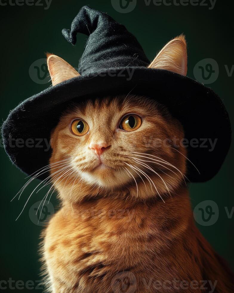 A ginger cat with playful eyes, wearing a wide-brimmed witch's hat photo