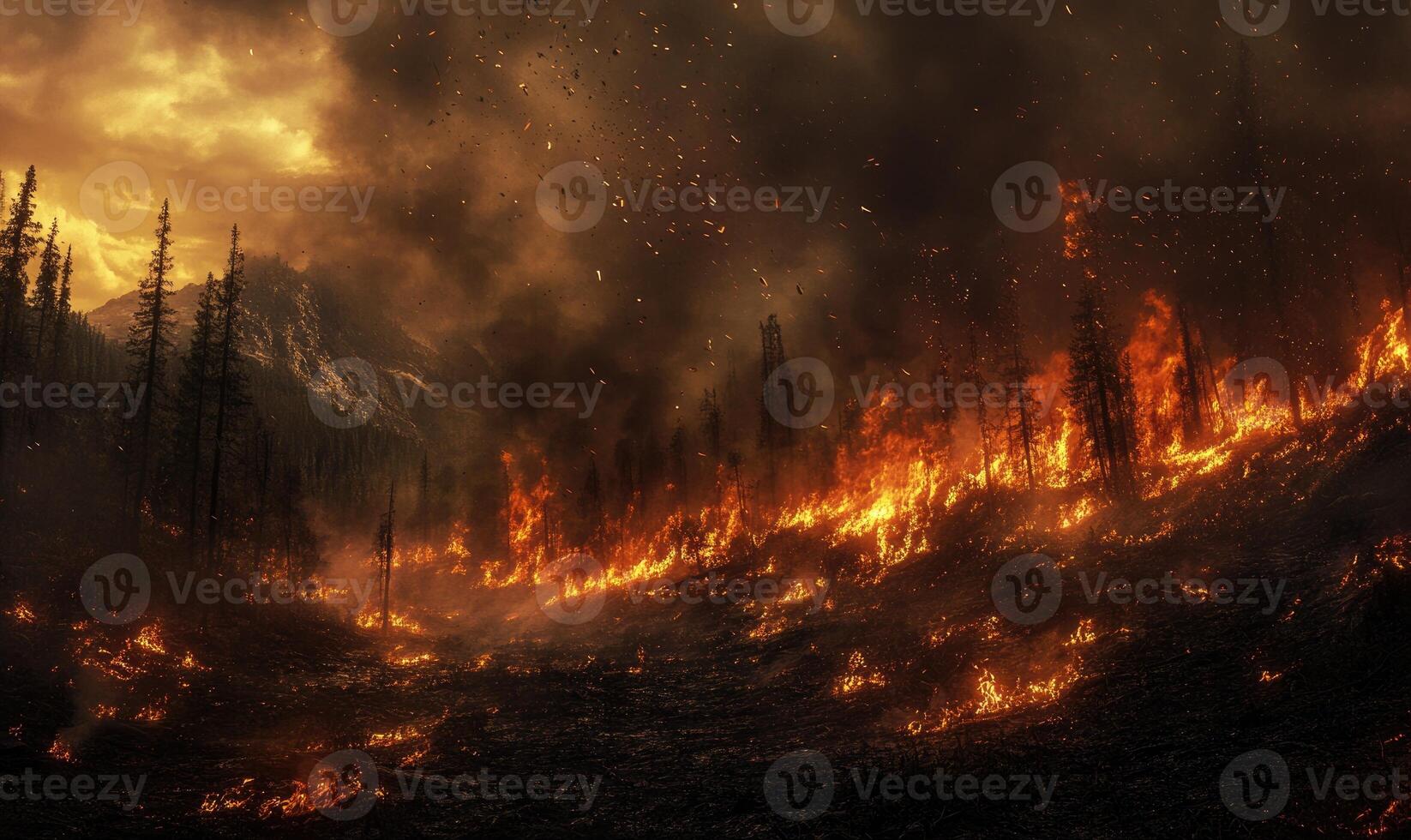 A forest fire sweeping through a dry landscape, flames consuming the trees and vegetation photo