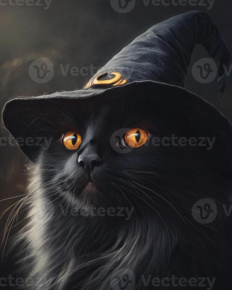 A large fluffy black cat with glowing amber eyes, wearing a tall witch's hat photo
