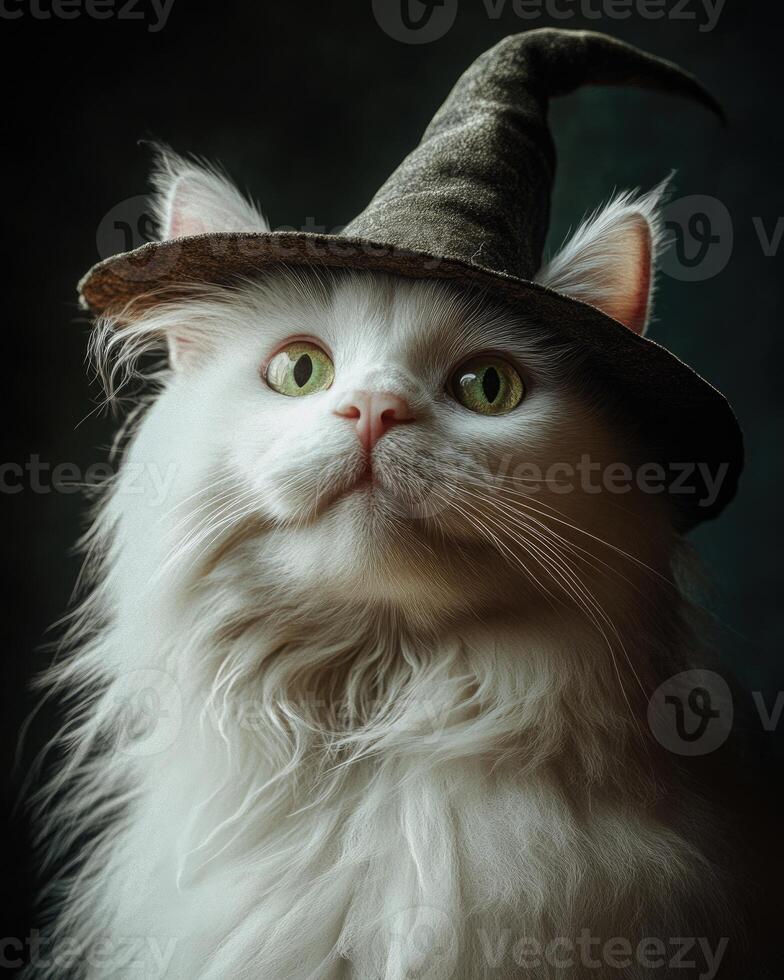 A fluffy white cat, bright green eyes, wearing a small pointed witch hat photo