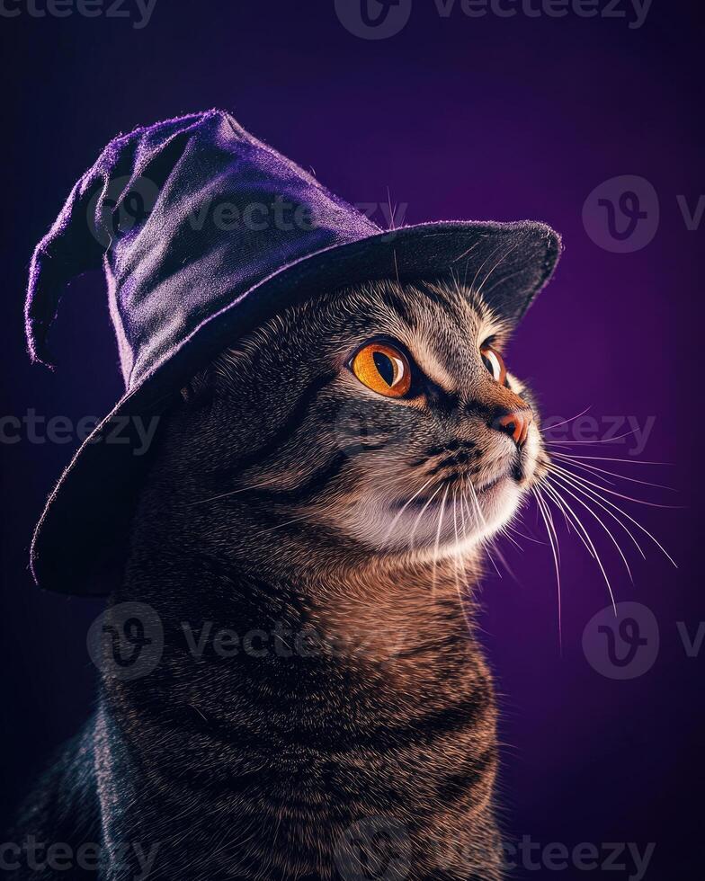 A tabby cat with a curious expression, wearing a tilted witch hat photo