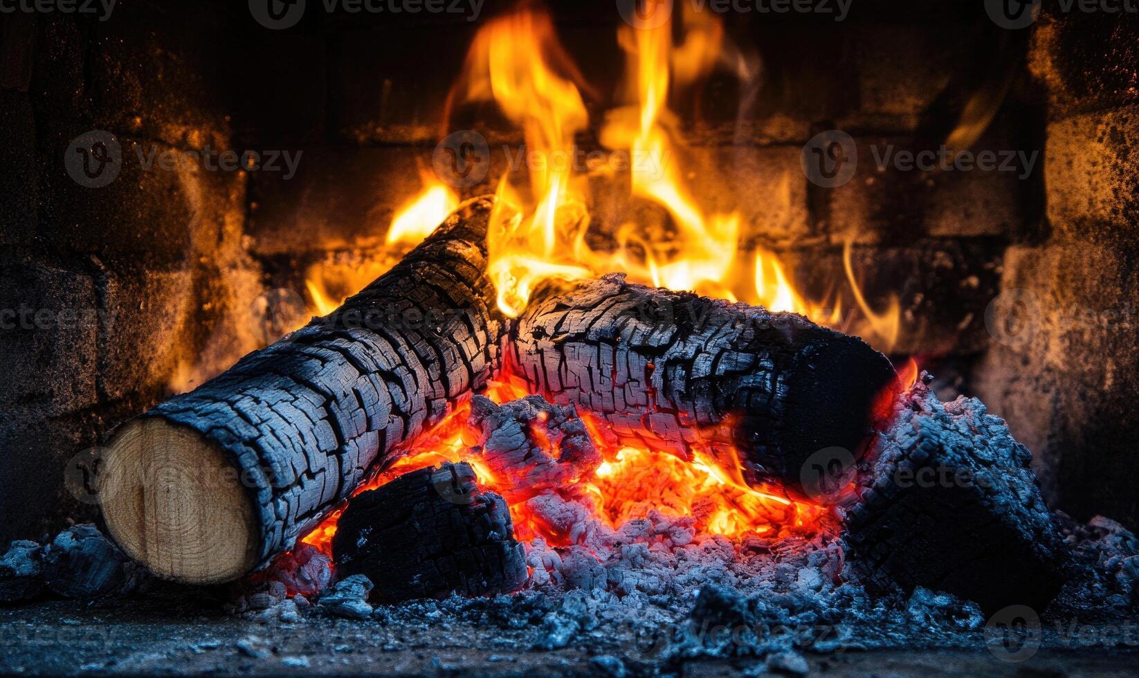 A burning log in a fireplace with dark stone walls, bright flames photo