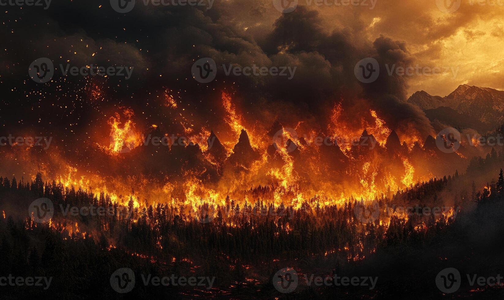 A forest fire sweeping through a dry landscape, flames consuming the trees and vegetation photo