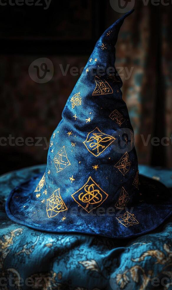 A dark blue wizard hat, embroidered with golden runes photo