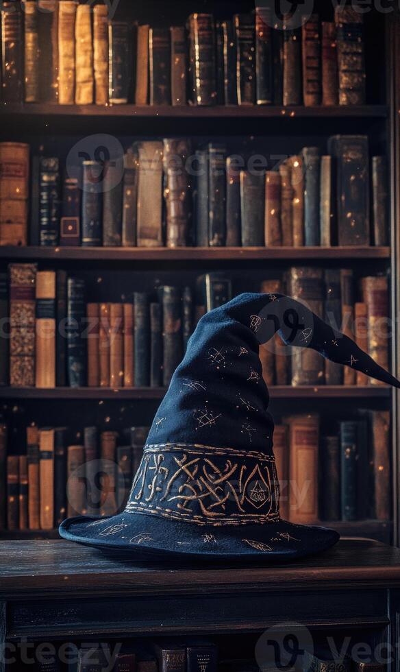 A midnight black wizard hat, embroidered with runes, placed on a bookshelf photo