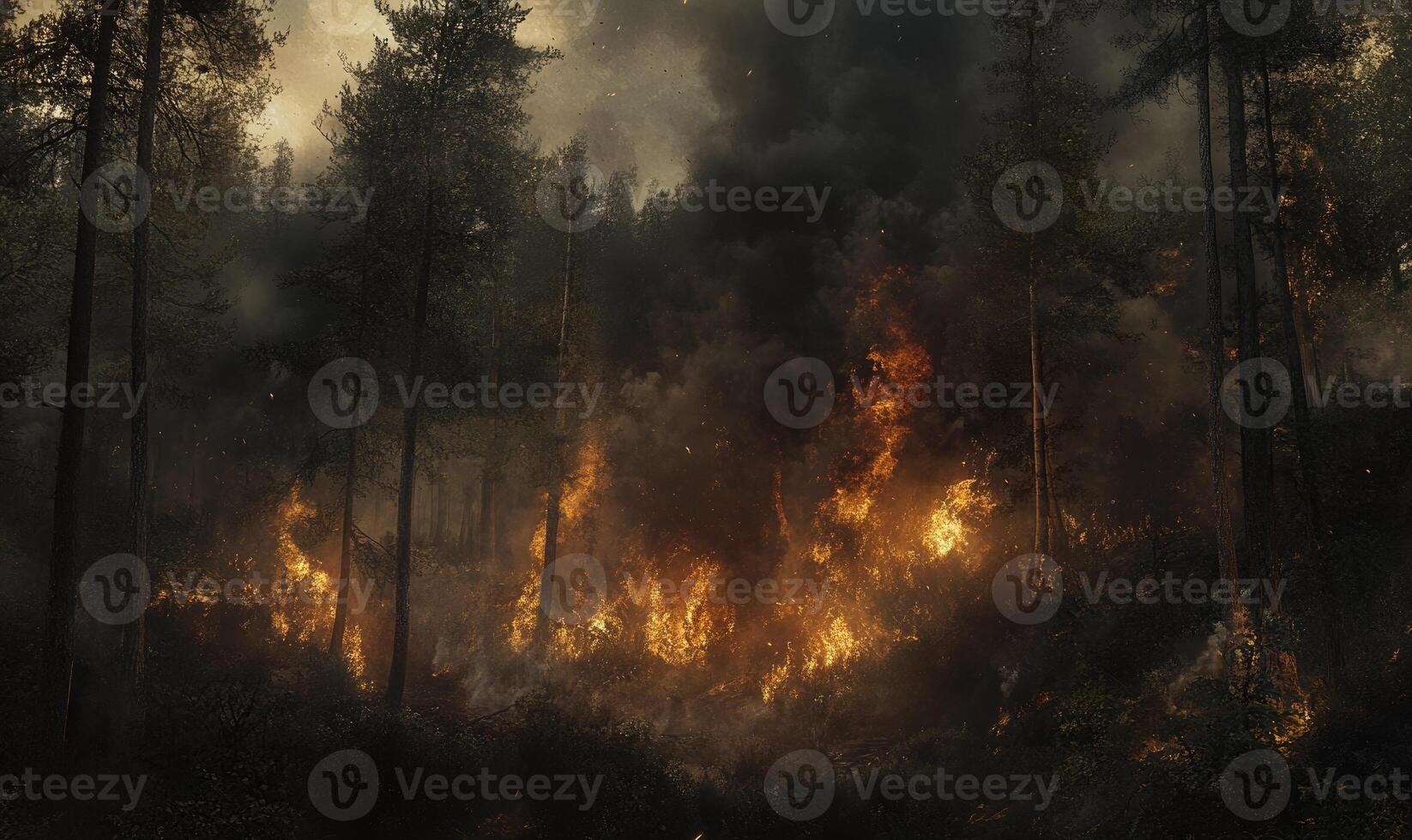 A forest fire sweeping through a dense forest, the underbrush ablaze photo
