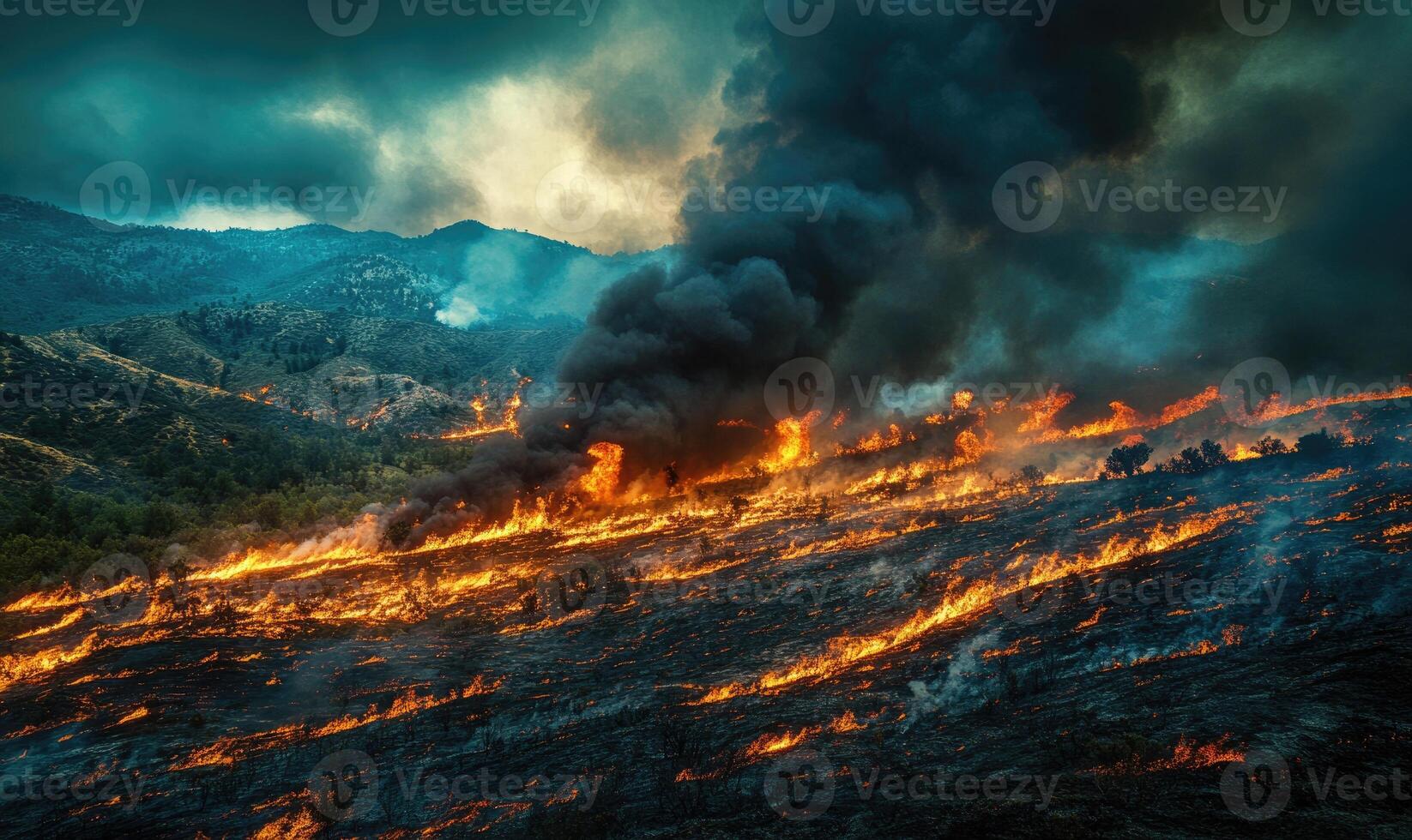 A forest fire blazing through a mountainous region, flames spreading rapidly across the dry landscape photo