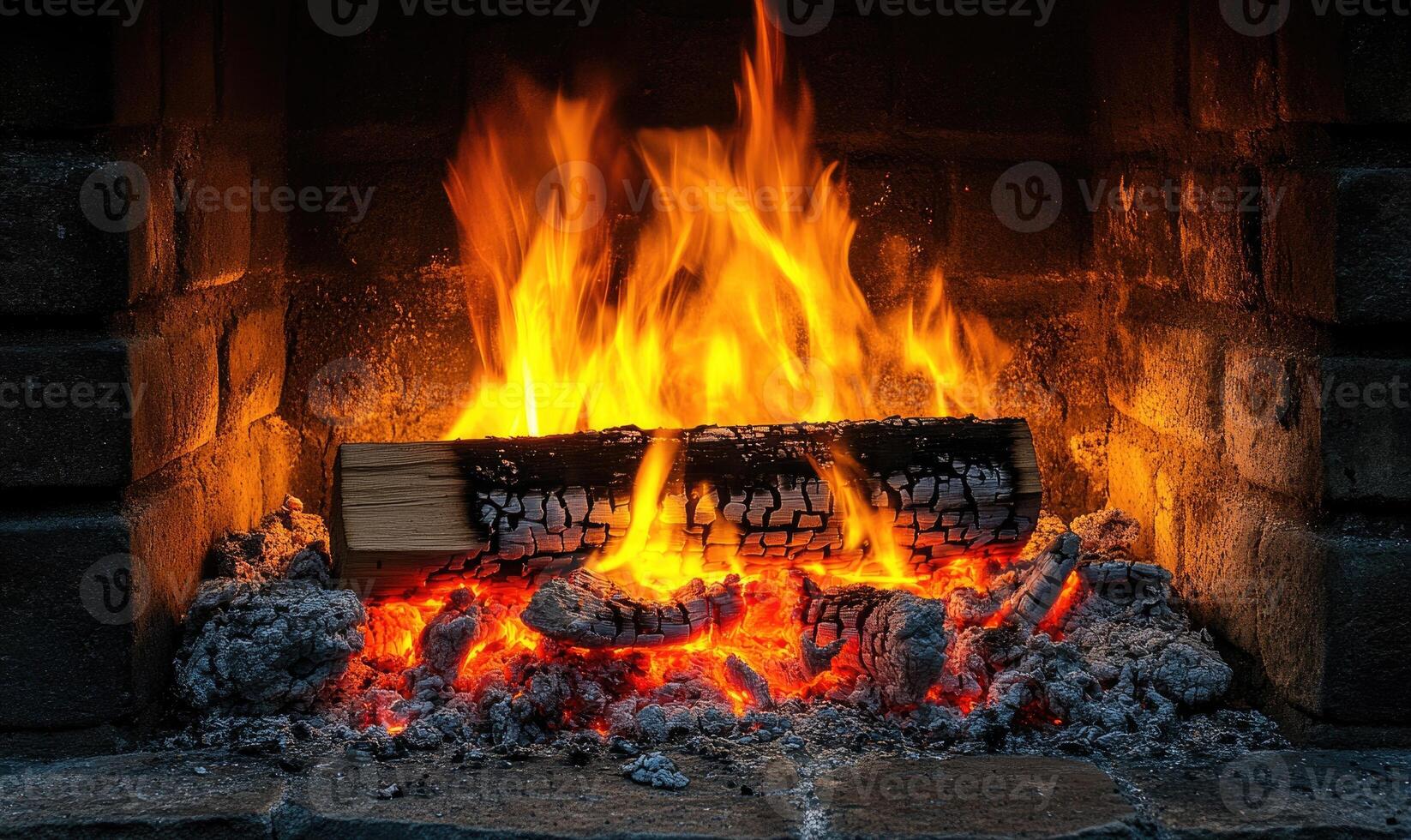 A single burning log resting in a stone fireplace photo