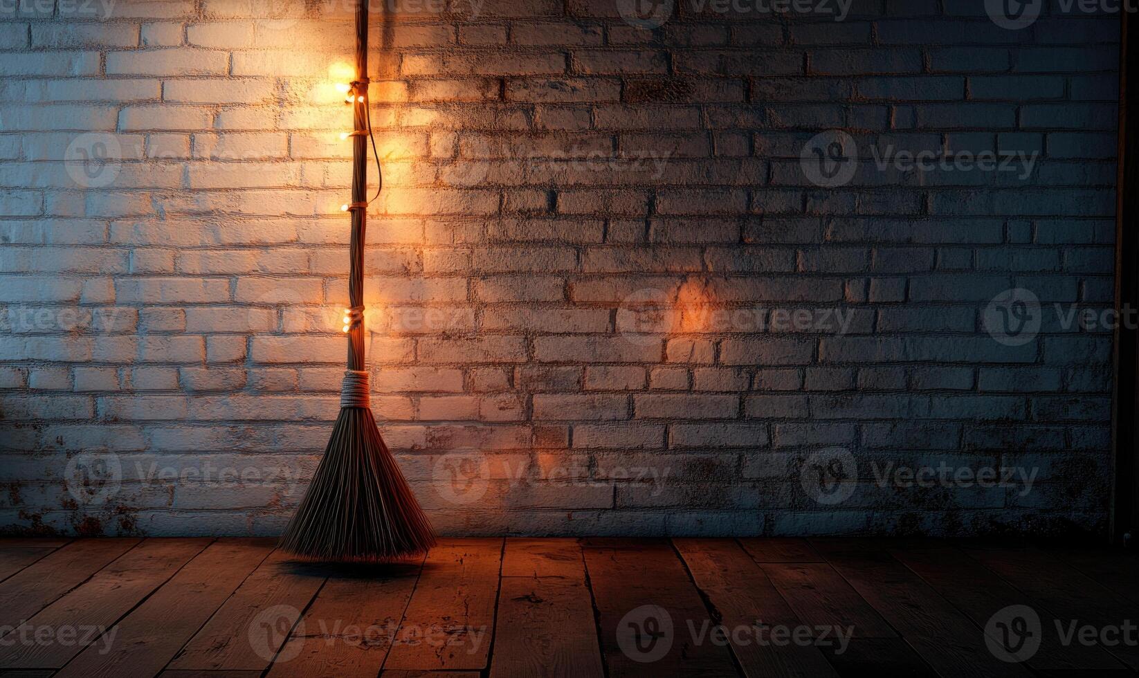 A minimalist witch's broom adorned with warm glowing garlands, against a simple brick wall photo