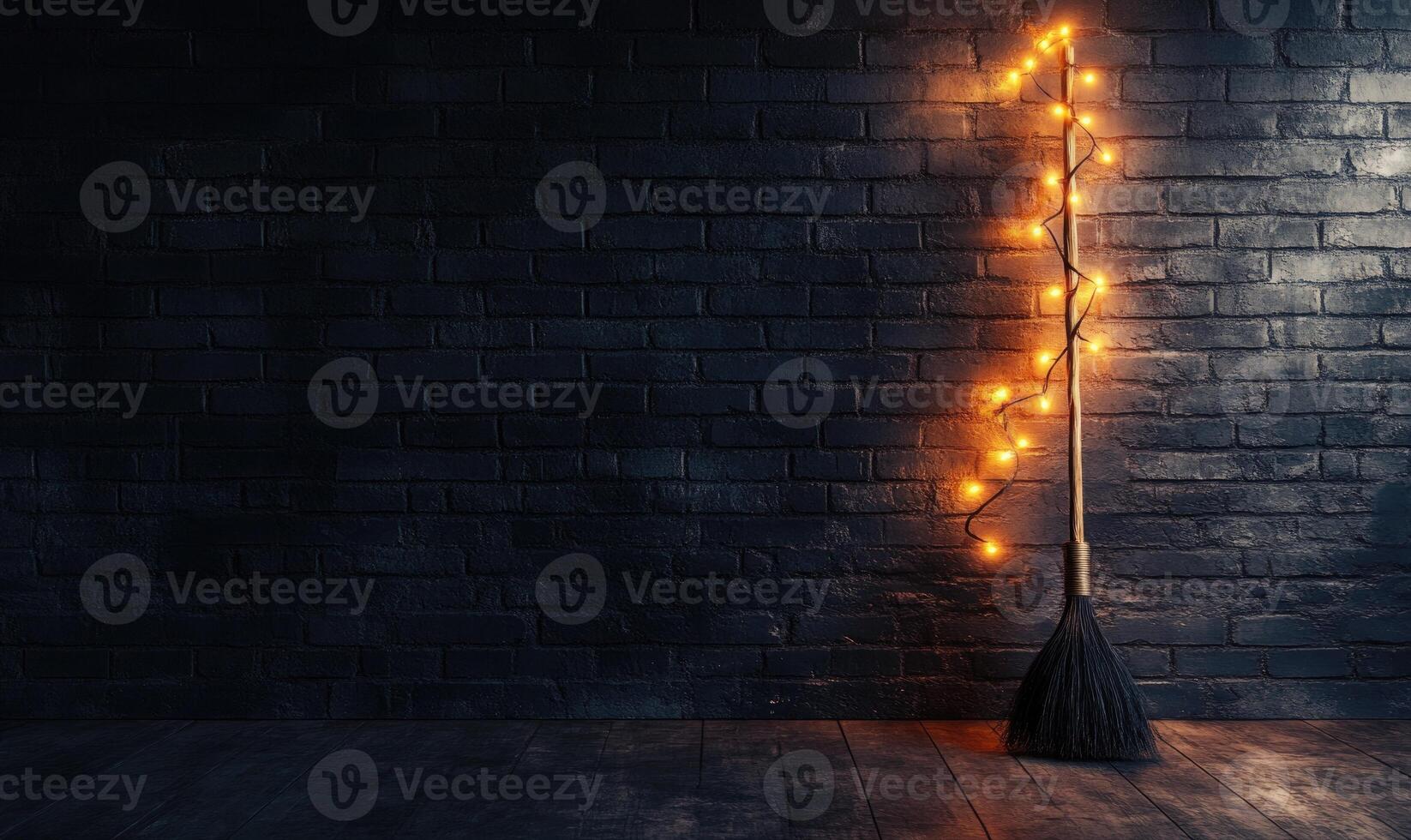 A minimalist witch's broom adorned with warm glowing garlands, against a simple brick wall photo