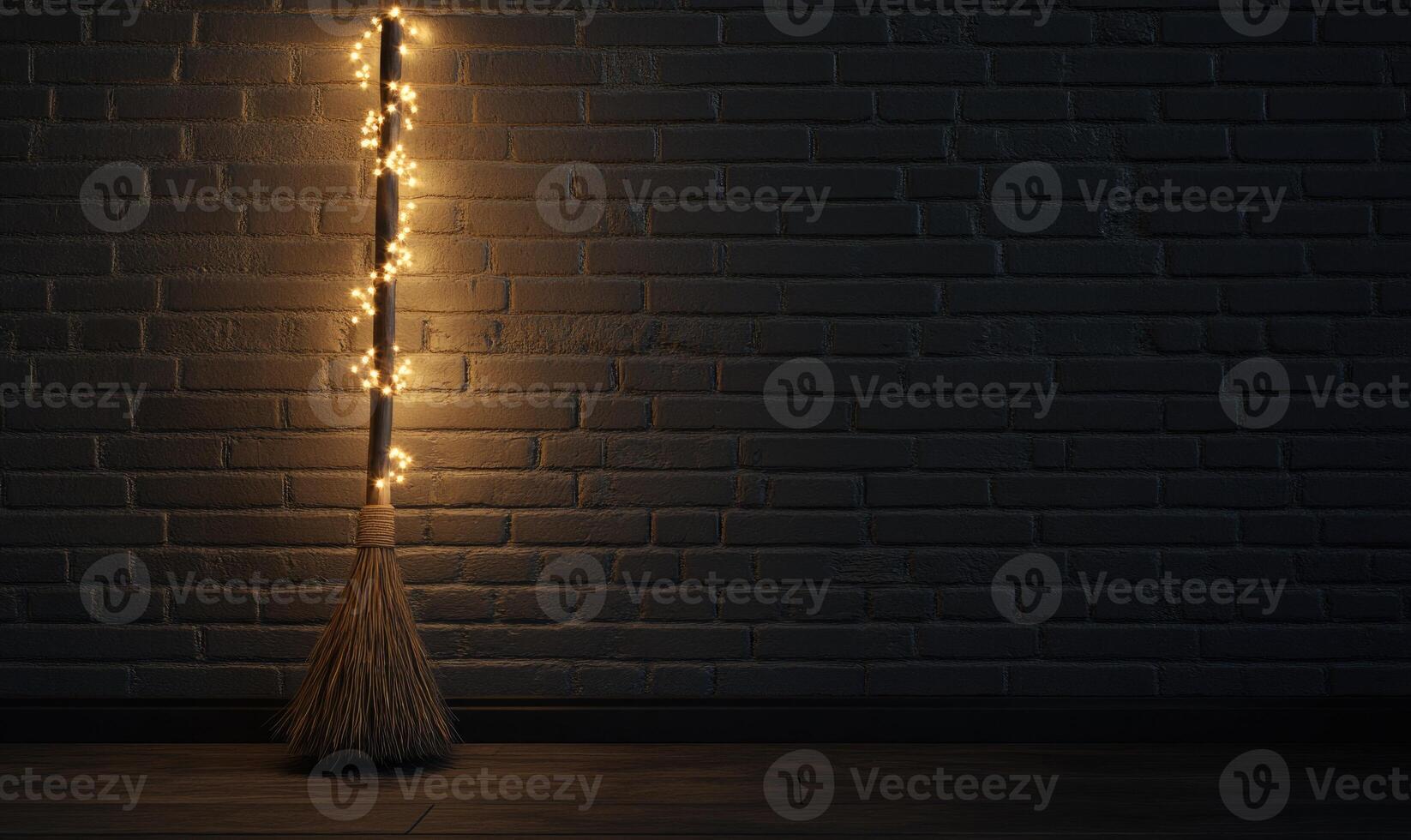 A minimalist witch's broom adorned with warm glowing garlands, against a simple brick wall photo