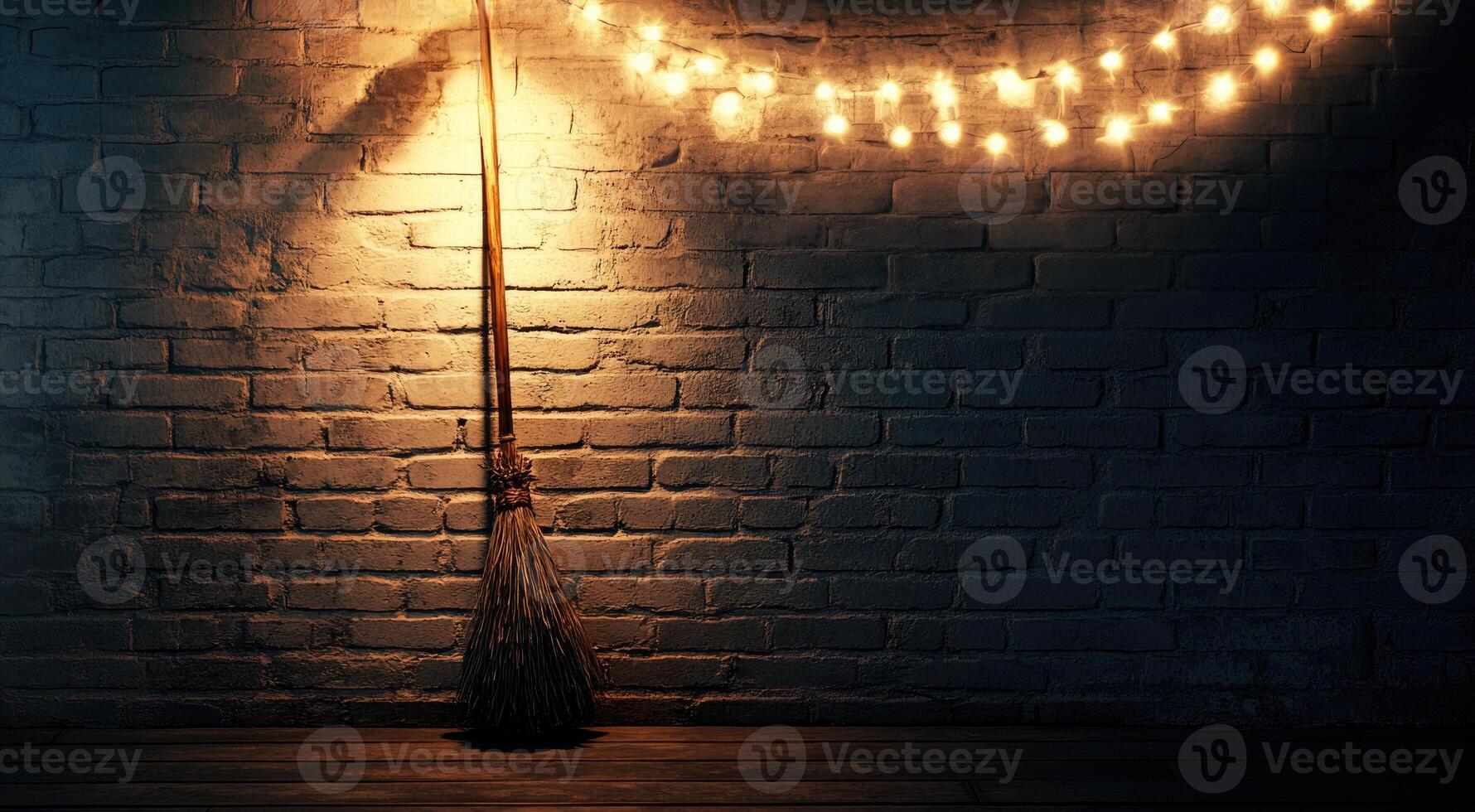 A minimalist witch's broom adorned with warm glowing garlands, against a simple brick wall photo