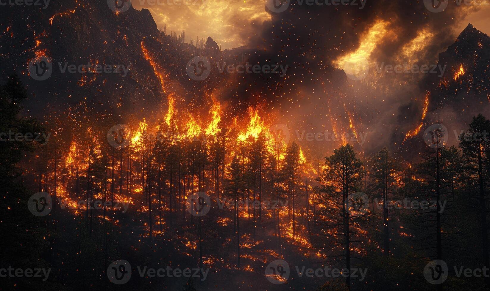 A forest fire blazing through a mountainous region, flames climbing high into the trees photo