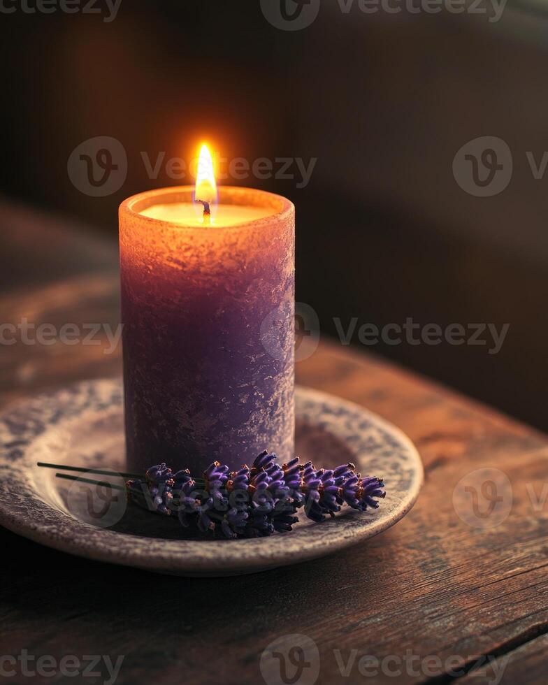 A tall lavender-scented candle flickering softly, resting on a ceramic plate on a wooden table photo