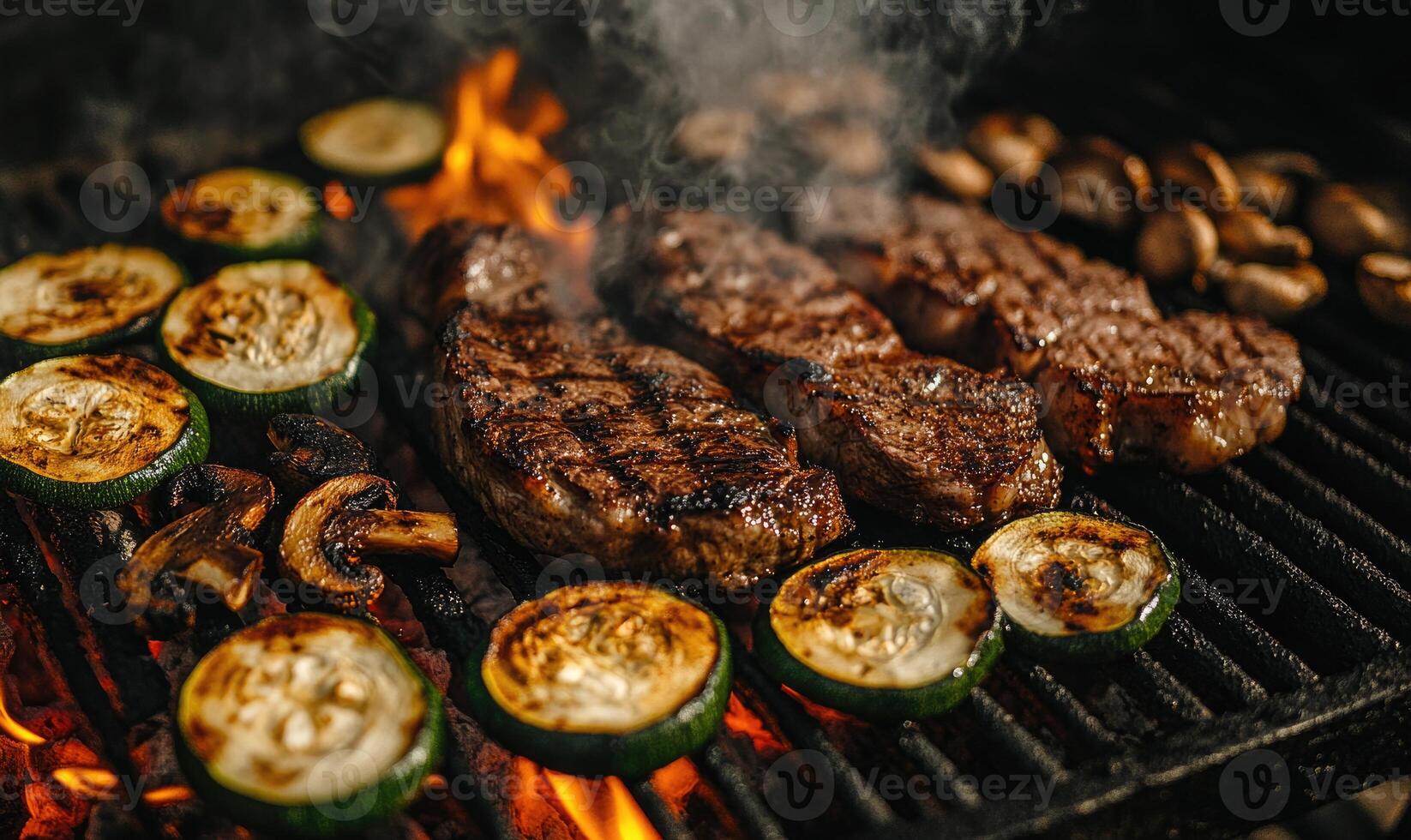 Close-up of juicy steak and mushrooms roasting over bright photo