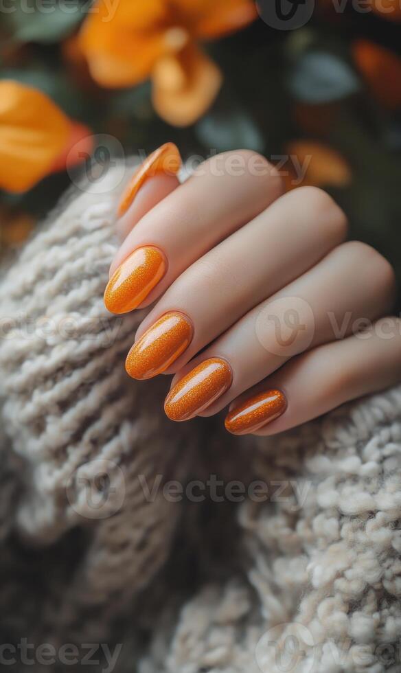 Detailed shot of hands with orange nails photo