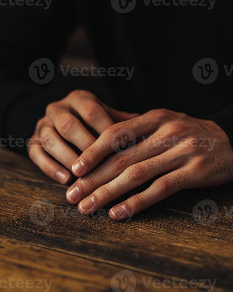 Closeup portrait of male hands on a table photo