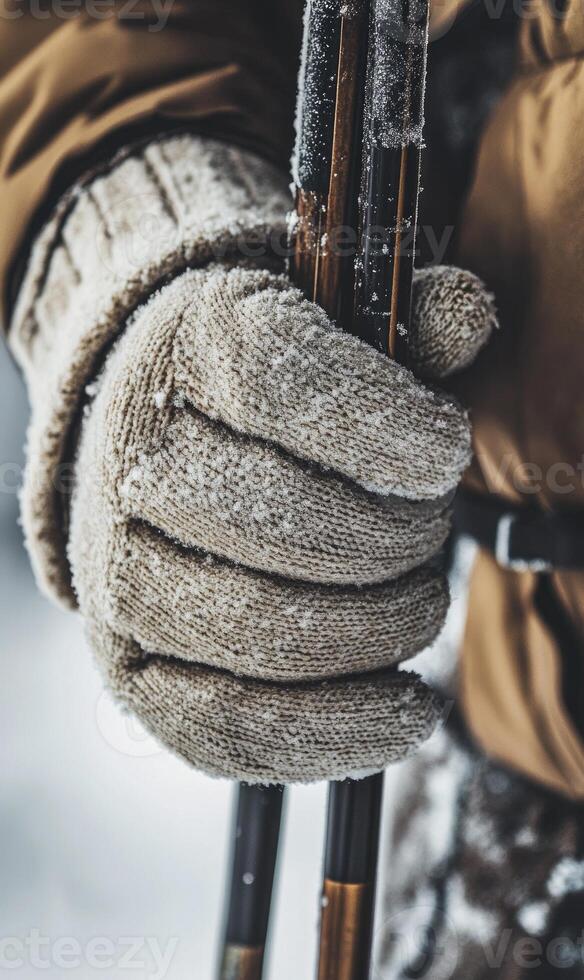 Detailed shot of gloved hands holding a shopping bag photo
