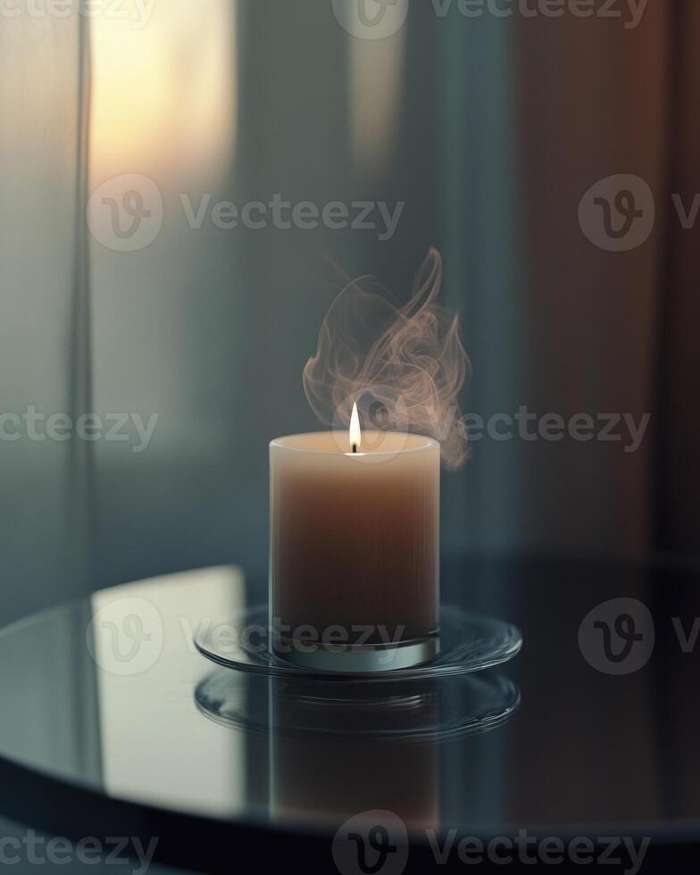 A white candle burning softly, sitting in a ceramic holder on a polished marble table photo