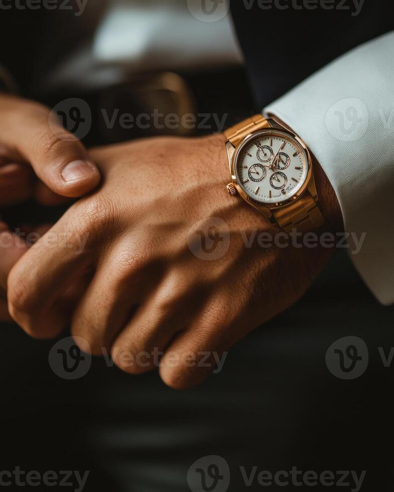 Close-up of male hands adjusting a watch photo