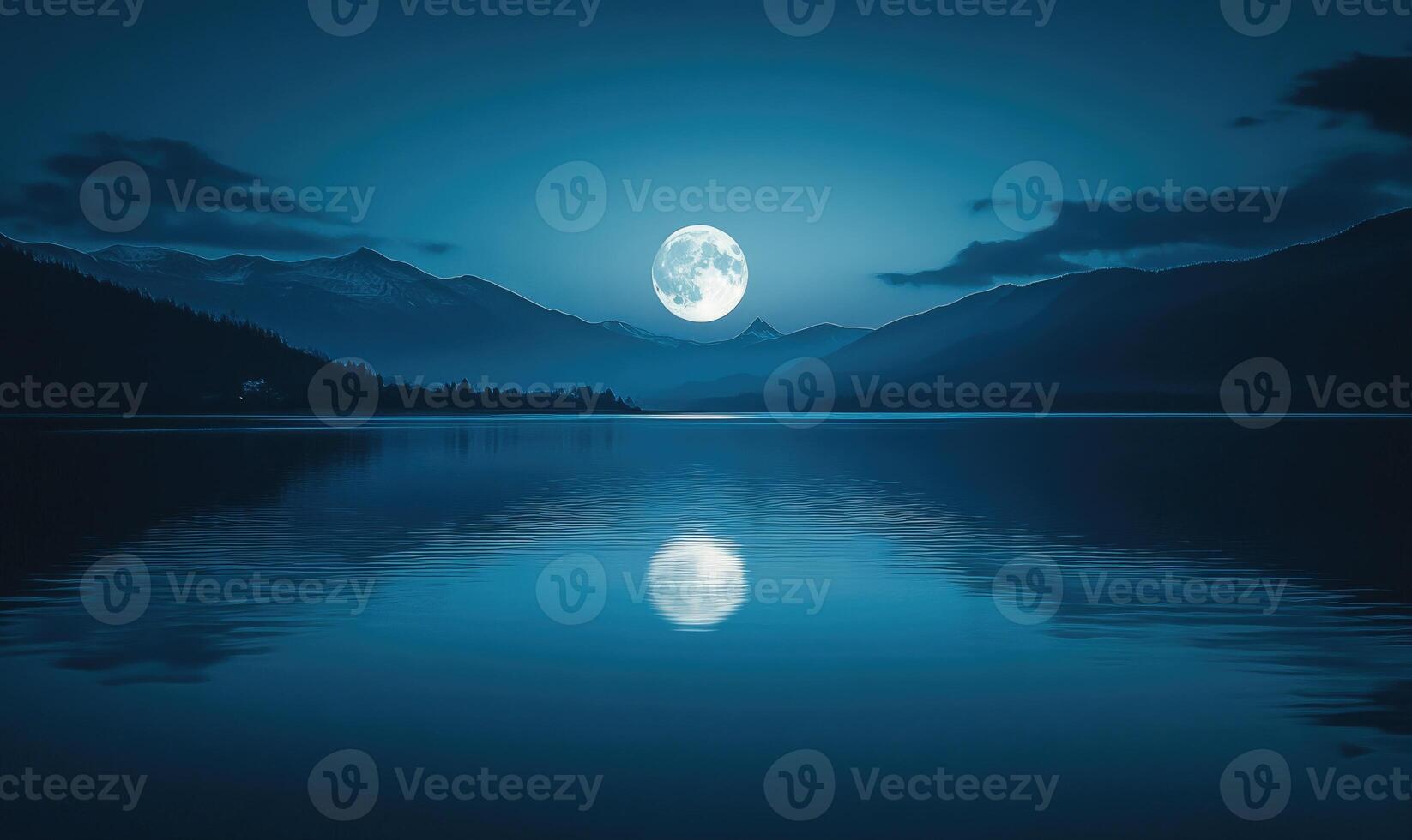 Bright full moon reflected in a still lake, distant hills barely visible in the darkness photo