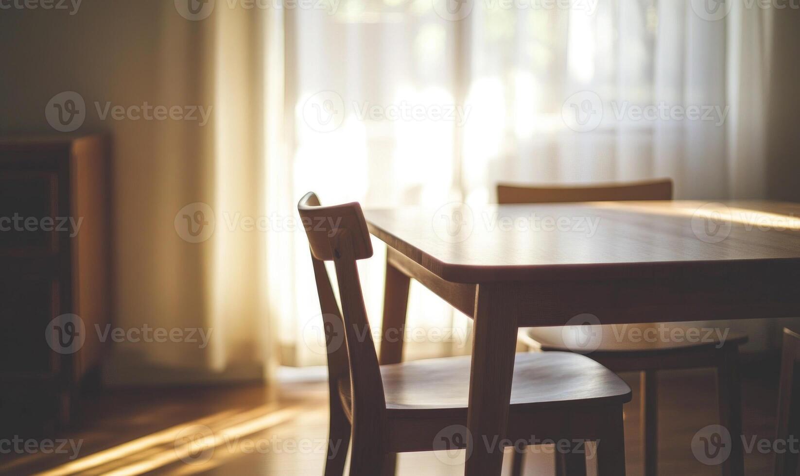 Bright minimalist dining area, small window with sheer curtains photo