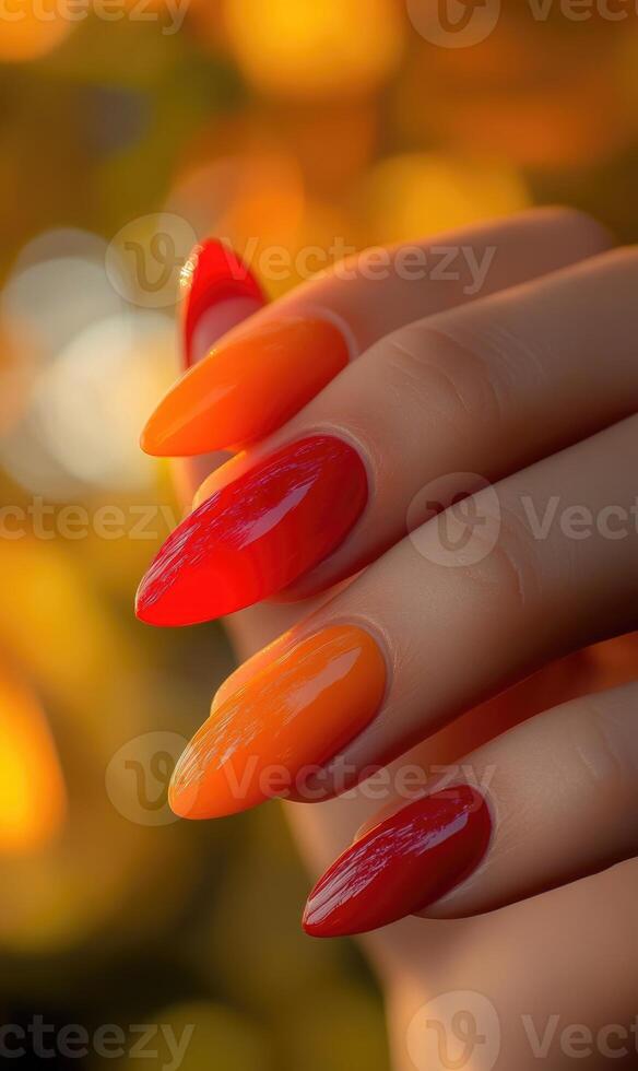 Close-up of hands with orange and gold nails photo