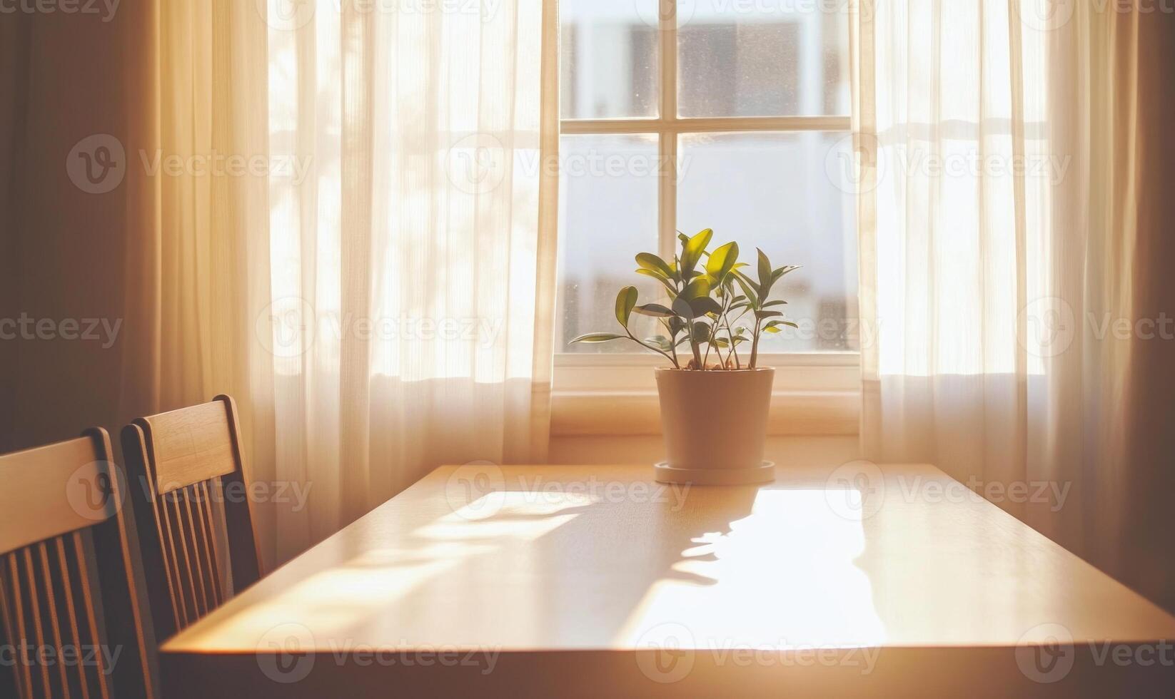 Bright minimalist dining area, small window with sheer curtains photo