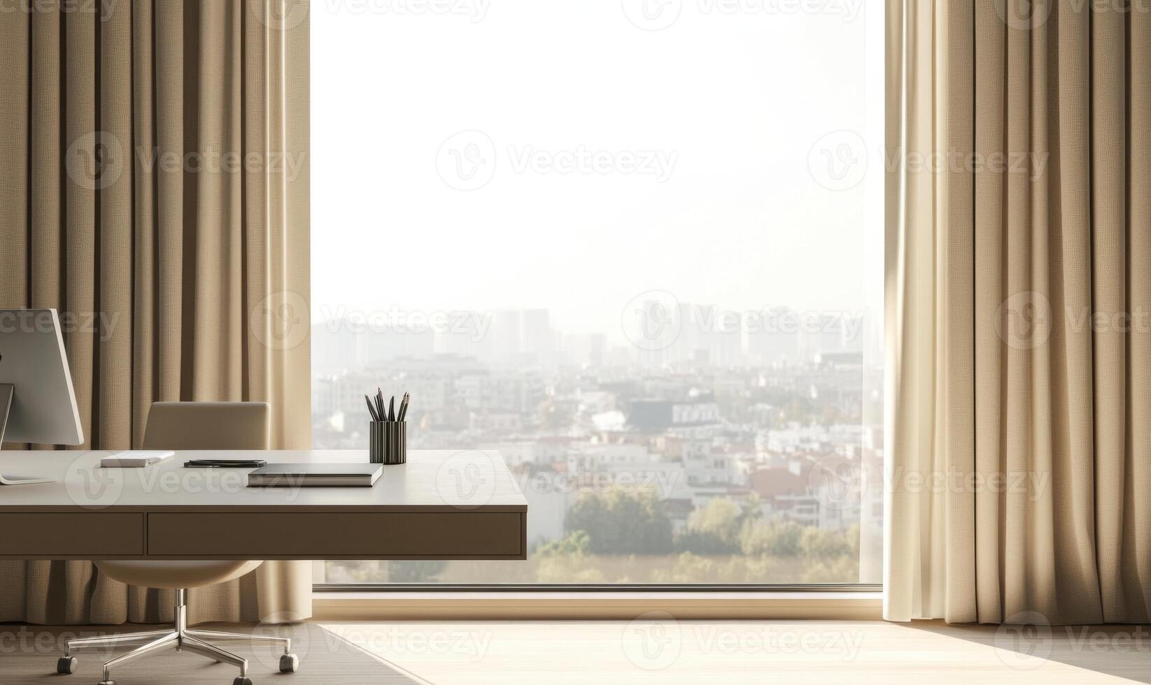 Clean minimalist office, big window with beige curtains photo