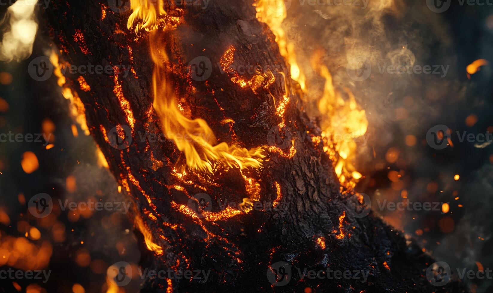 Close-up of flames consuming a tree branch, embers glowing in the air photo