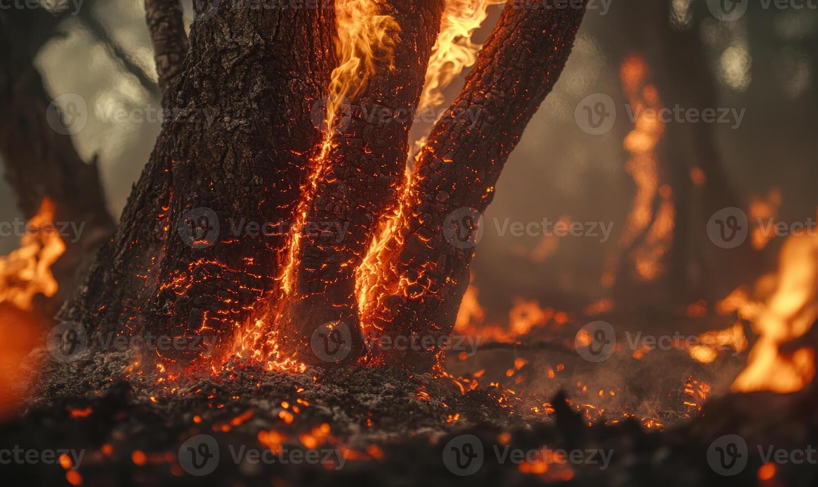 Close-up of flames consuming a tree branch, embers glowing in the air photo