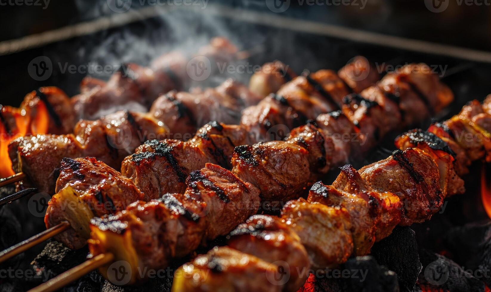 Close-up of grilled shashlik skewers, golden-brown and juicy meat sizzling over hot coals photo